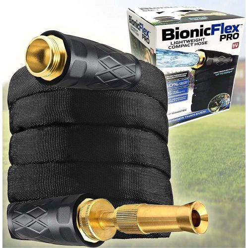 Bionic Flex Pro 100' Garden Hose Heavy Duty, Lightweight Weatherproof Garden Water Hose, Brass Fittings, Adjustable Brass Spraying and Shooting Nozzle Bionic Flex Pro 100' Garden Hose Heavy Duty, Lightweight Weatherproof Garden Water Hose, Brass Fittings, Adjustable Brass Spraying and Shooting Nozzle