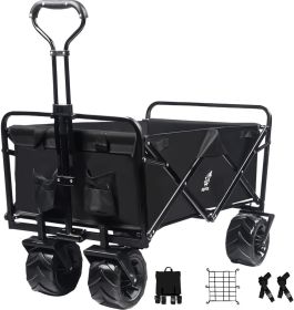 Collapsible Heavy Duty Beach Wagon Cart Outdoor Folding Utility Camping Garden Beach Cart with Universal Wheels Adjustable Handle Shopping (Black)