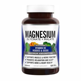 Magnesium Glycinate & Malate Complex w/Vitamin D3, 100% Chelated for Max Absorption, Vegetarian – Bone Health, Nerves, Muscles, 120 Capsules, 60 Days