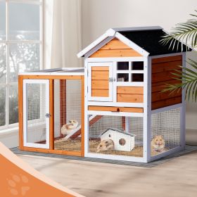 Wooden Rabbit Hutch Outdoor Chicken Coop Indoor Bunny Cage with Run, Guinea Pig House Pet House with Pull Out Upper Tray, Orange