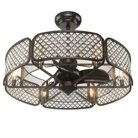 30 Inch Caged Ceiling Fan With Light Crystal Lampshade 6 Light Bases (Color: Brown)